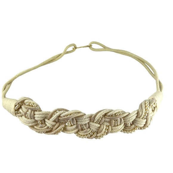 Vintage Cream and Gold Metalic Braided Rope with Faux Pearls Belt, 40" - Picture 2 of 6